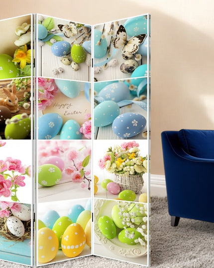 72" Yellow and White Canvas Folding Three Panel Screen Room Divider