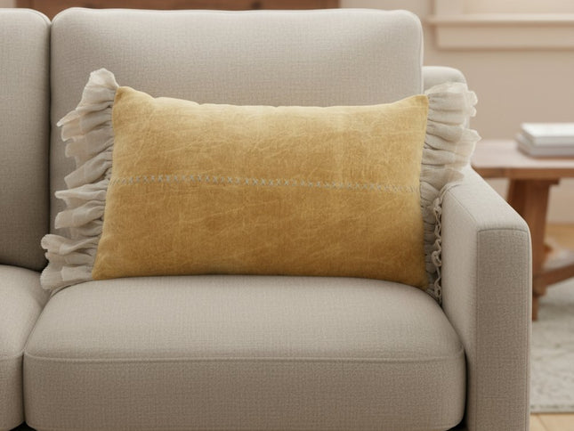 Wide Tasseled Marble Yellow Lumbar Pillow
