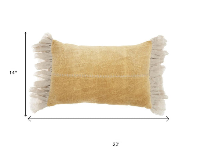 Wide Tasseled Marble Yellow Lumbar Pillow