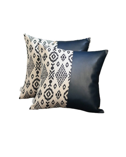 Set of Two Prussian Blue Ikat Faux Leather Zippered Pillow Cover