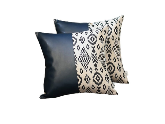 Set of Two Prussian Blue Ikat Faux Leather Zippered Pillow Cover