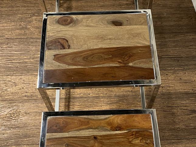 Set of Three 21" Silver And Brown Solid Wood Nested Tables