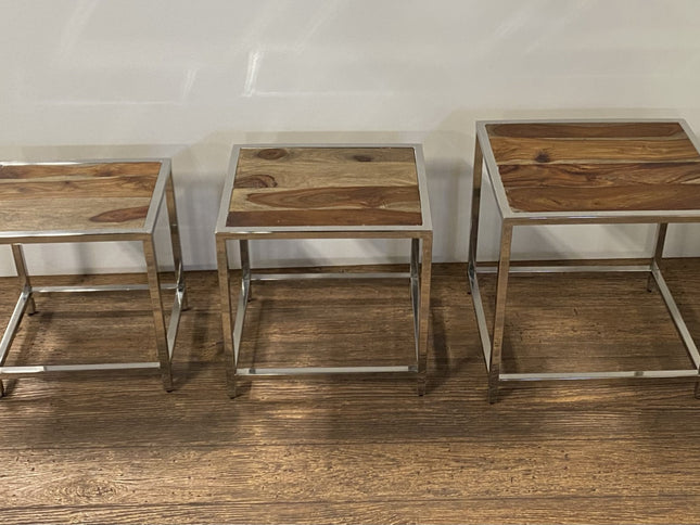Set of Three 21" Silver And Brown Solid Wood Nested Tables
