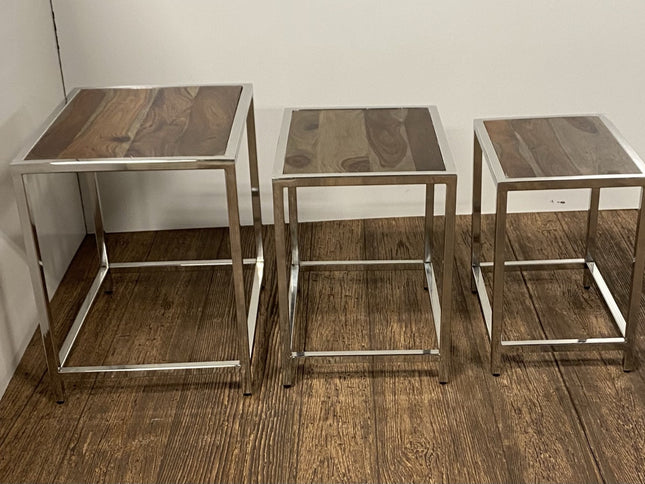 Set of Three 21" Silver And Brown Solid Wood Nested Tables