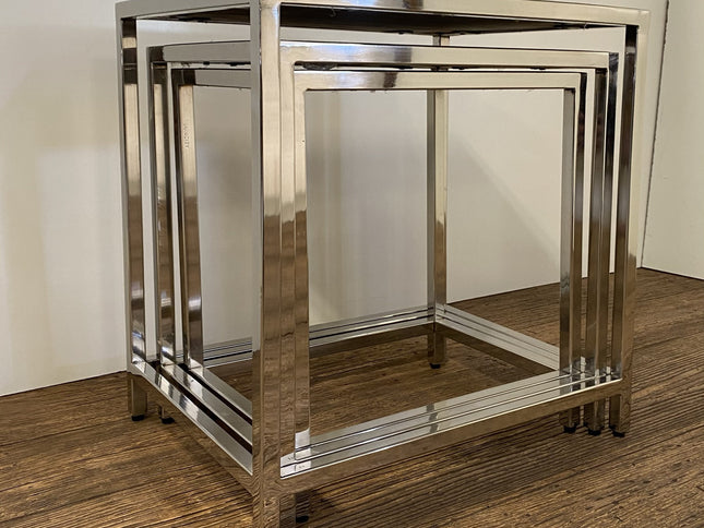 Set of Three 21" Silver And Brown Solid Wood Nested Tables