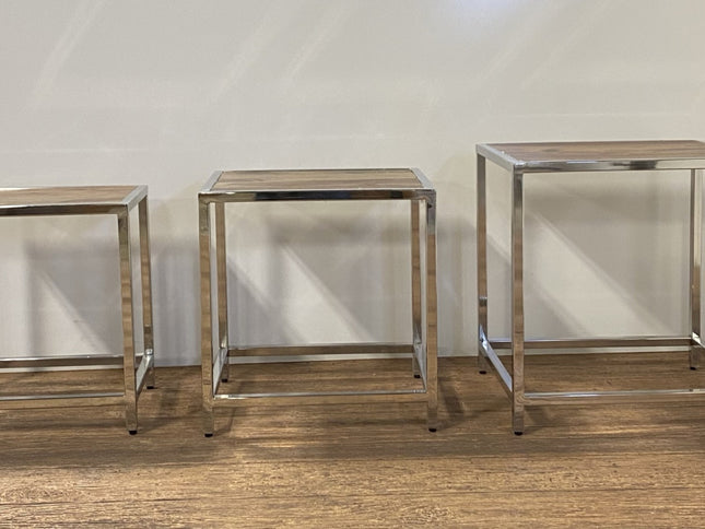 Set of Three 21" Silver And Brown Solid Wood Nested Tables