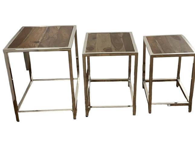 Set of Three 21" Silver And Brown Solid Wood Nested Tables