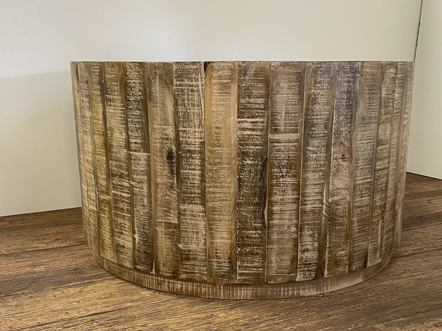 32" Brown Solid Wood Round Distressed Drum Coffee Table