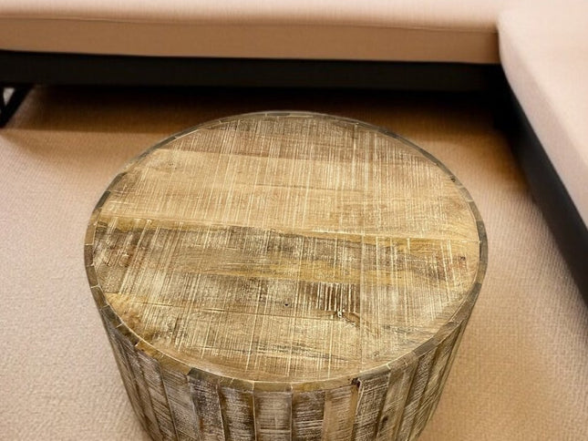 32" Brown Solid Wood Round Distressed Drum Coffee Table
