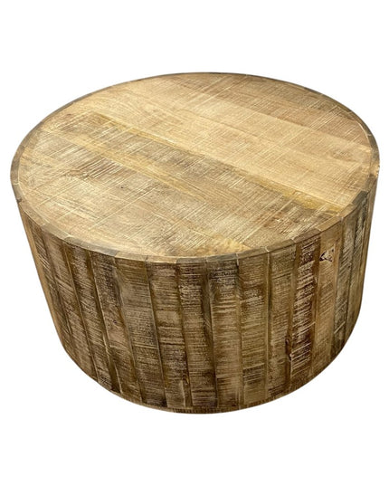 32" Brown Solid Wood Round Distressed Drum Coffee Table