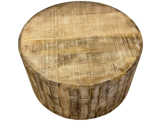 32" Brown Solid Wood Round Distressed Drum Coffee Table
