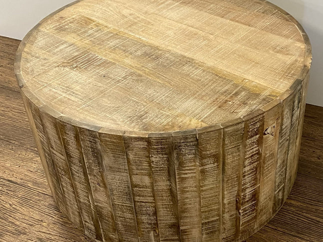 32" Brown Solid Wood Round Distressed Drum Coffee Table