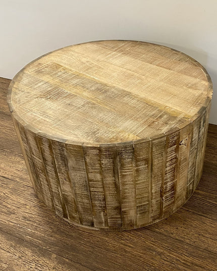 32" Brown Solid Wood Round Distressed Drum Coffee Table