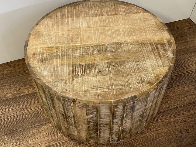 32" Brown Solid Wood Round Distressed Drum Coffee Table