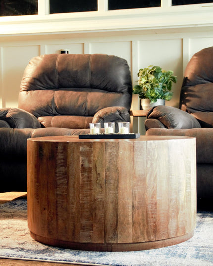 32" Brown Solid Wood Round Distressed Drum Coffee Table