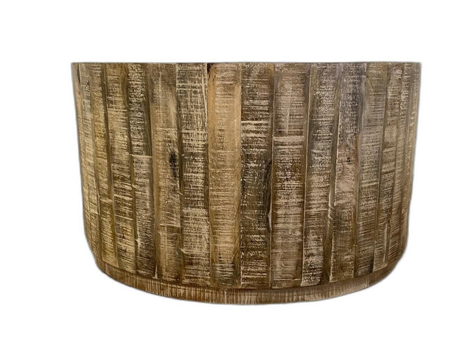 32" Brown Solid Wood Round Distressed Drum Coffee Table