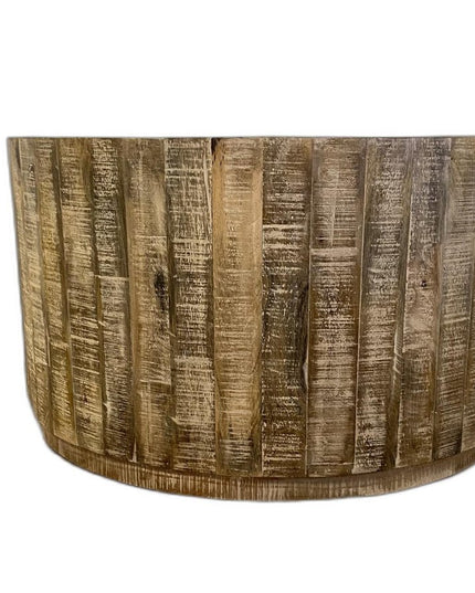 32" Brown Solid Wood Round Distressed Drum Coffee Table