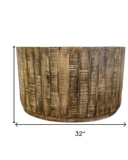 32" Brown Solid Wood Round Distressed Drum Coffee Table