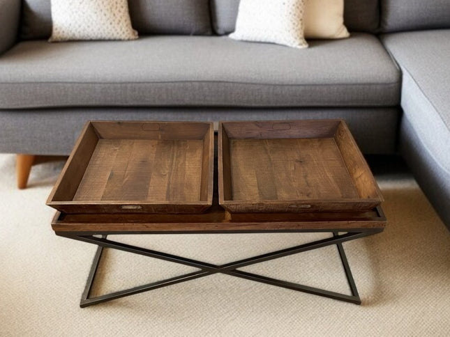 27" Brown And Black Solid Wood Cross Legs Coffee Table