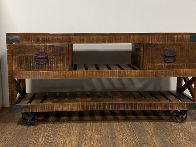 18" Brown and Black Solid Wood Distressed Wheel Console Table With Shelves And Drawers