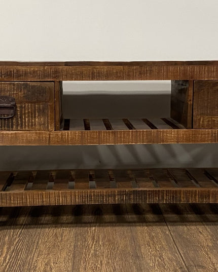 18" Brown and Black Solid Wood Distressed Wheel Console Table With Shelves And Drawers