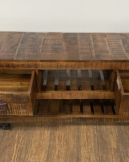 18" Brown and Black Solid Wood Distressed Wheel Console Table With Shelves And Drawers