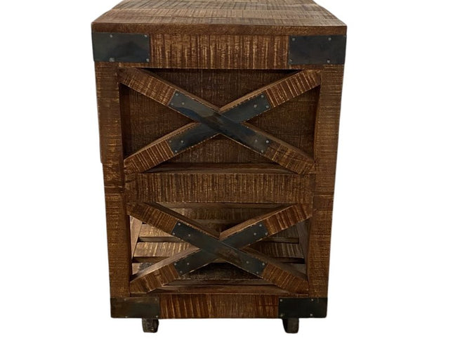 18" Brown and Black Solid Wood Distressed Wheel Console Table With Shelves And Drawers