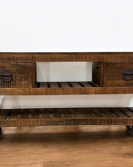 18" Brown and Black Solid Wood Distressed Wheel Console Table With Shelves And Drawers