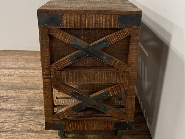 18" Brown and Black Solid Wood Distressed Wheel Console Table With Shelves And Drawers