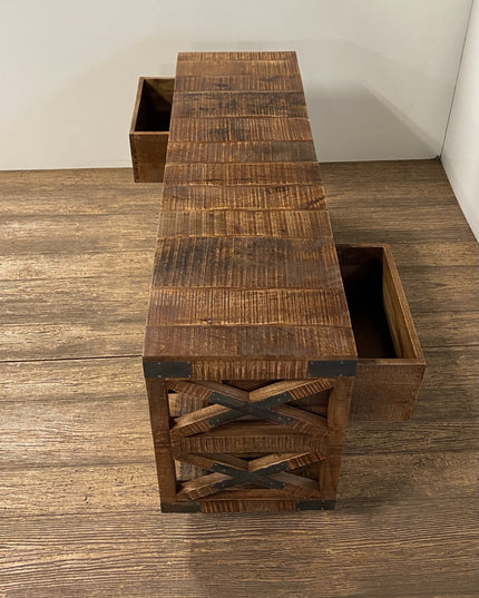 18" Brown and Black Solid Wood Distressed Wheel Console Table With Shelves And Drawers