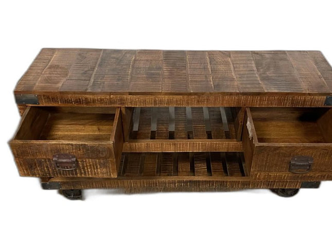 18" Brown and Black Solid Wood Distressed Wheel Console Table With Shelves And Drawers