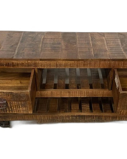 18" Brown and Black Solid Wood Distressed Wheel Console Table With Shelves And Drawers