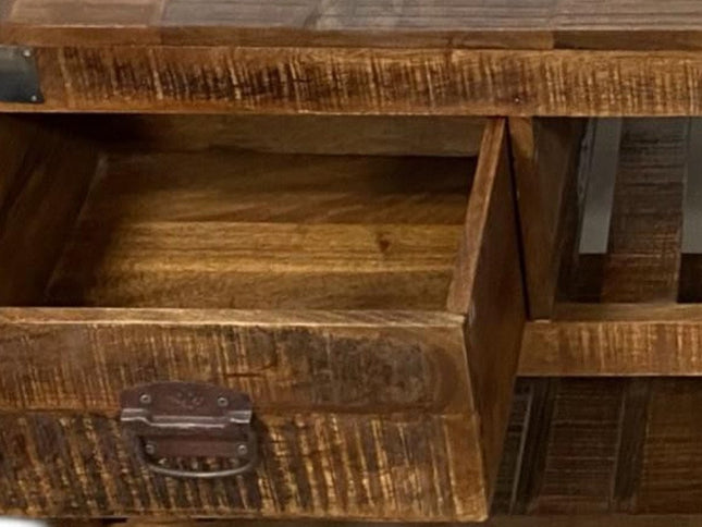 18" Brown and Black Solid Wood Distressed Wheel Console Table With Shelves And Drawers