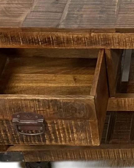 18" Brown and Black Solid Wood Distressed Wheel Console Table With Shelves And Drawers