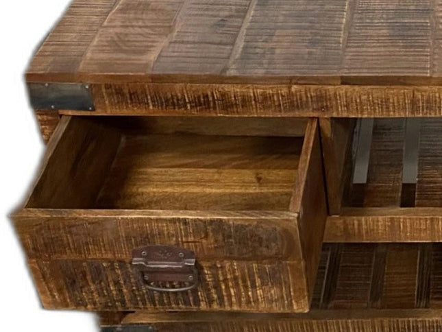 18" Brown and Black Solid Wood Distressed Wheel Console Table With Shelves And Drawers