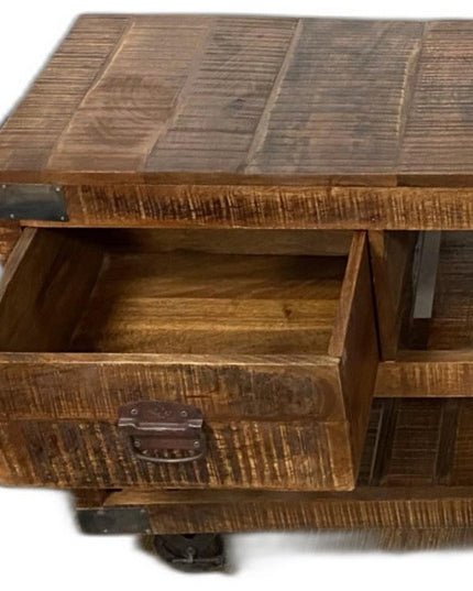 18" Brown and Black Solid Wood Distressed Wheel Console Table With Shelves And Drawers