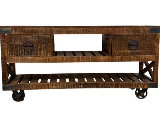 18" Brown and Black Solid Wood Distressed Wheel Console Table With Shelves And Drawers