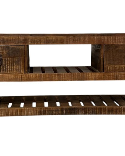 18" Brown and Black Solid Wood Distressed Wheel Console Table With Shelves And Drawers