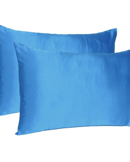 Bright Blue Dreamy Set Of 2 Silky Satin Queen Pillowcases
