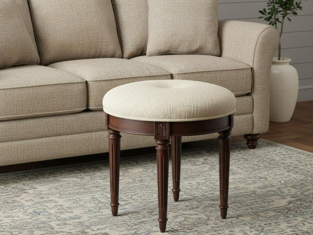 18" Off White Linen And Dark Brown Ottoman