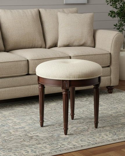 18" Off White Linen And Dark Brown Ottoman