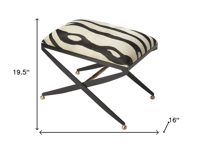 24" Black And White Cotton Blend And Black Ottoman