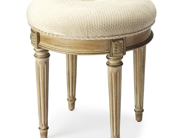 18" Ivory Polyester Blend And Brown Ottoman