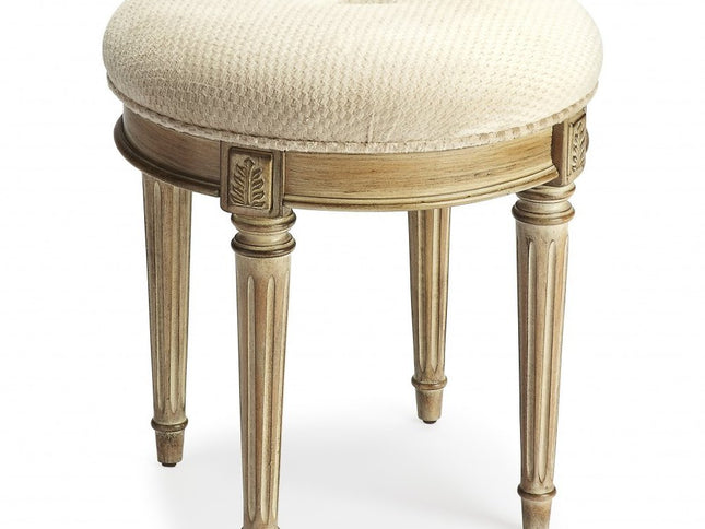 18" Ivory Polyester Blend And Brown Ottoman