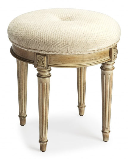 18" Ivory Polyester Blend And Brown Ottoman