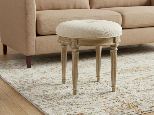 18" Ivory Polyester Blend And Brown Ottoman