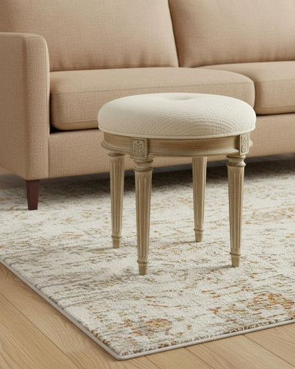 18" Ivory Polyester Blend And Brown Ottoman