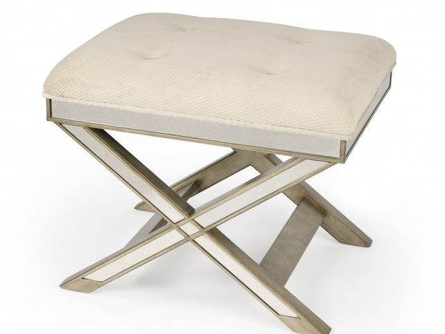 26" Ivory Cotton and Brown Tufted Ottoman