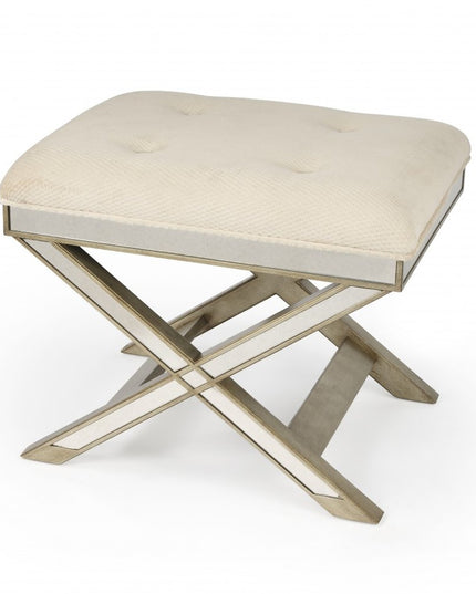 26" Ivory Cotton and Brown Tufted Ottoman