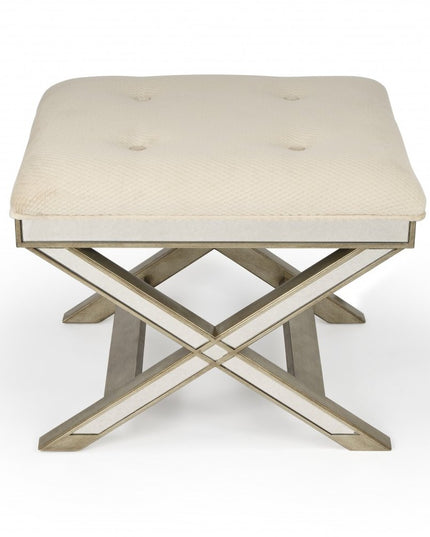 26" Ivory Cotton and Brown Tufted Ottoman